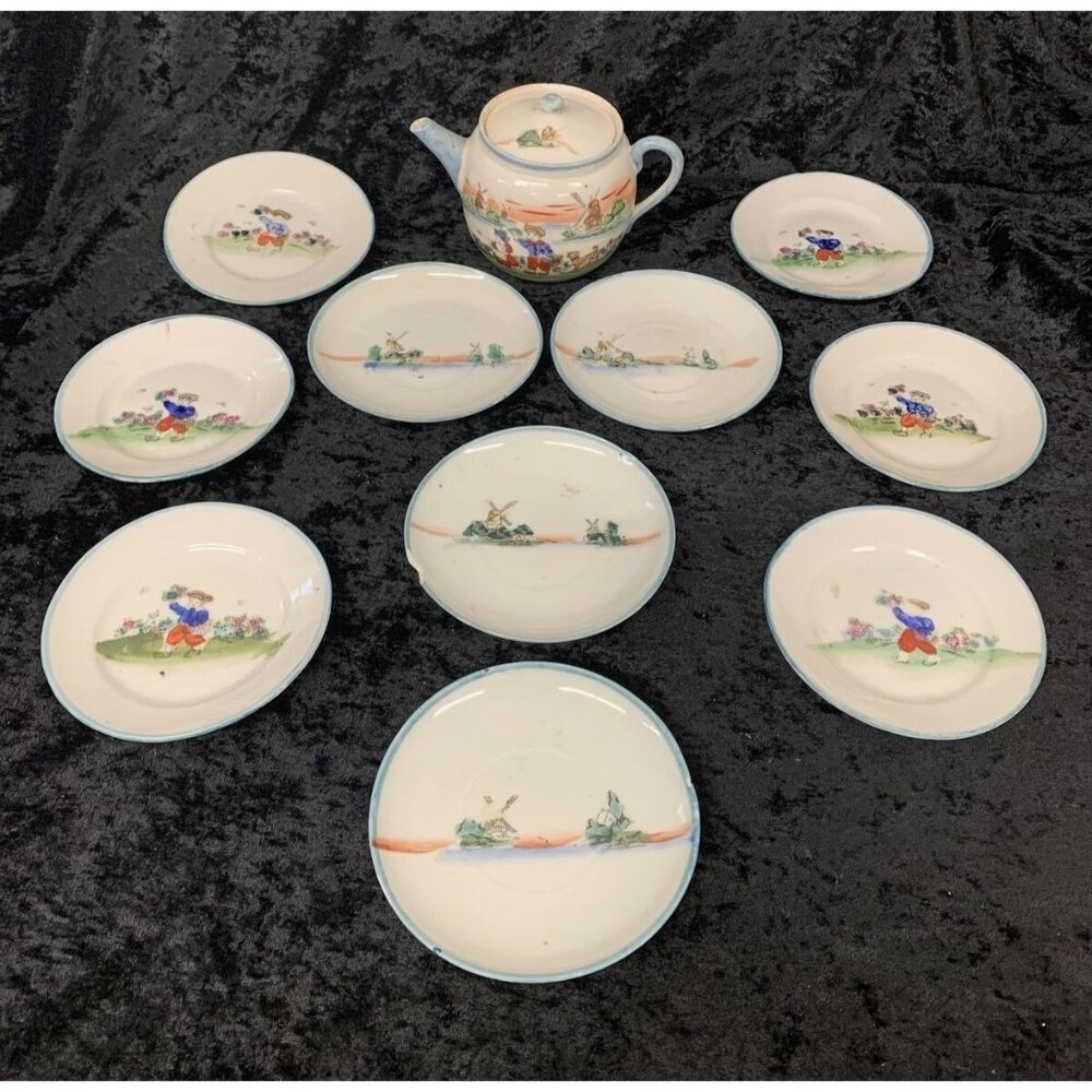 Antique Child's Porcelain Teapot & 10 Saucers Set Dutch boy Windmills